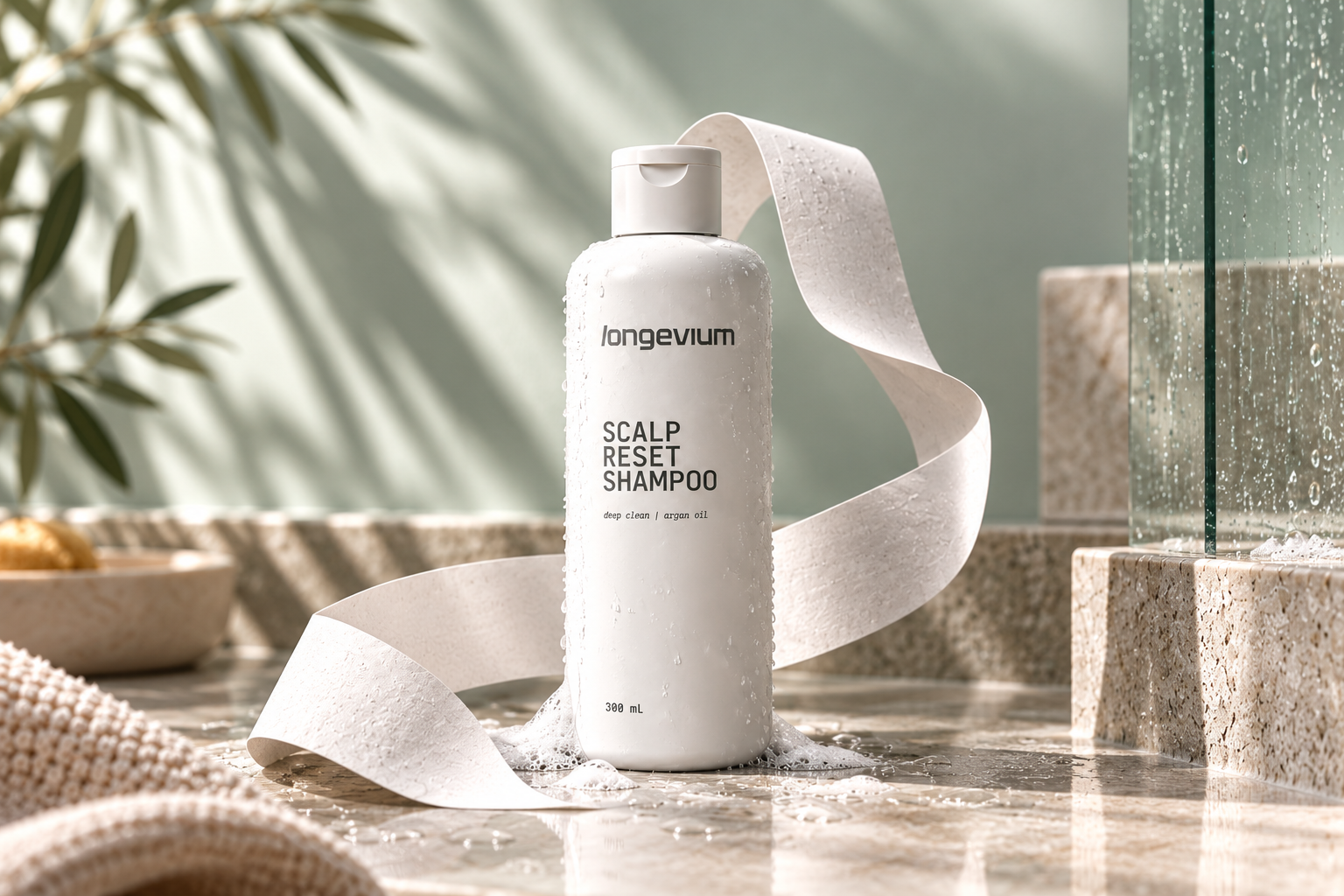 Longevium' Scalp Reset Shampoo in a bathroom setting