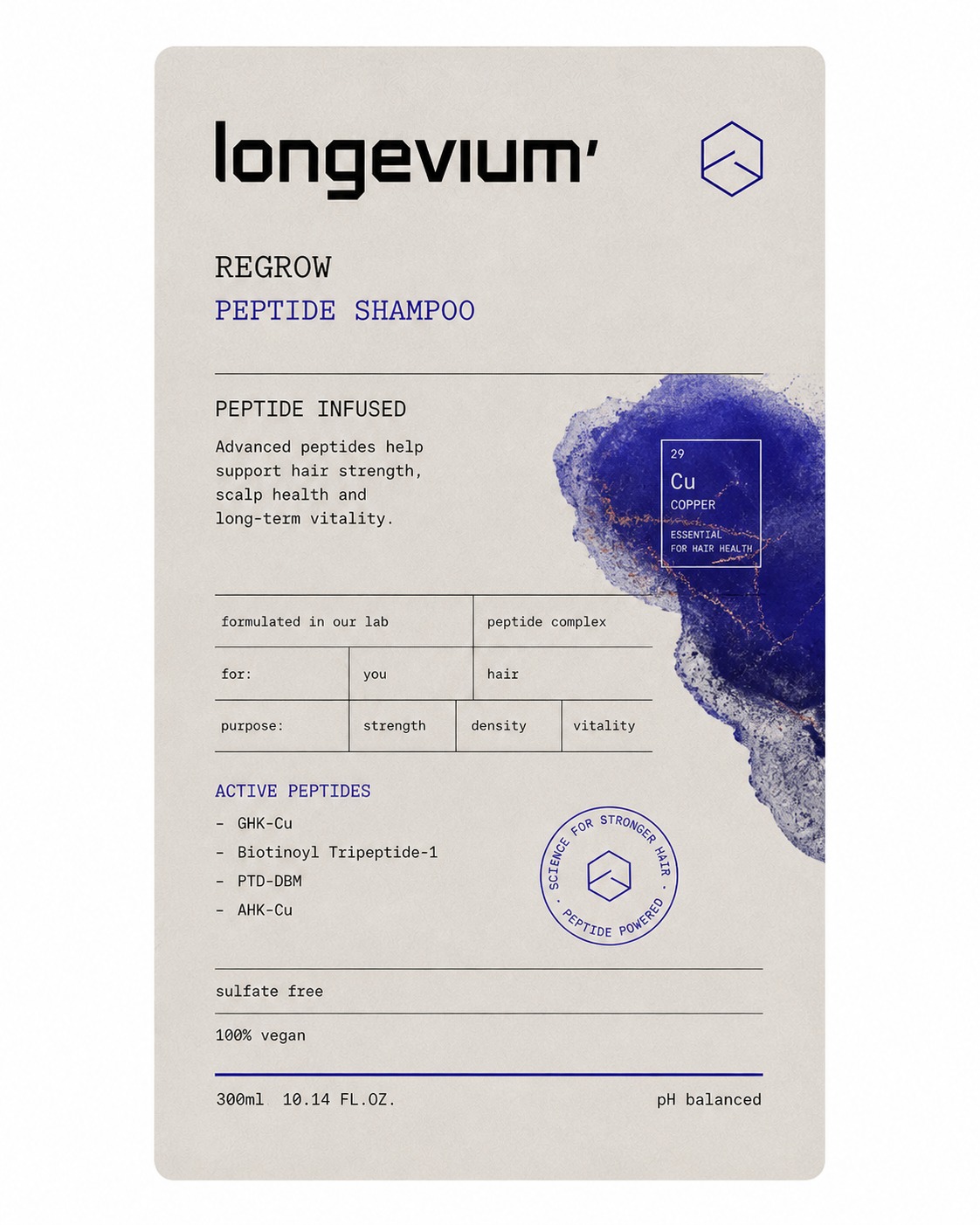 longevium' REGROW peptide shampoo label with full formulation details