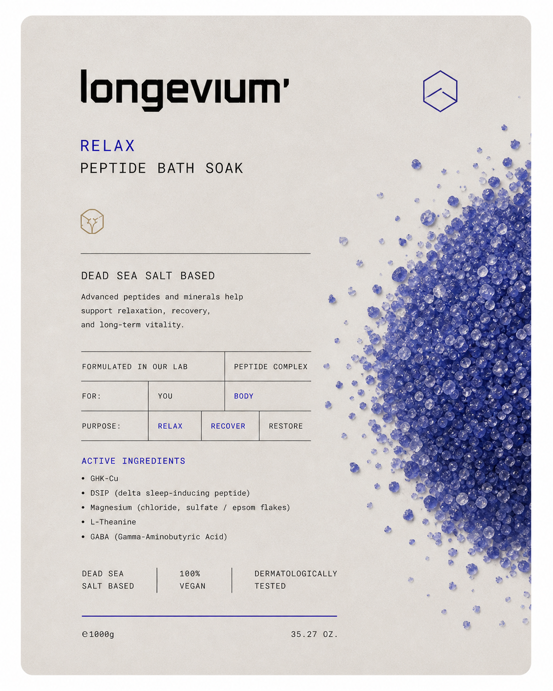 longevium' RELAX peptide bath soak label with full formulation details